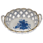 Herend Chinese Bouquet Blue Openwork Basket With Handles