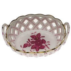 Herend Chinese Bouquet Raspberry Openwork Basket With Handles