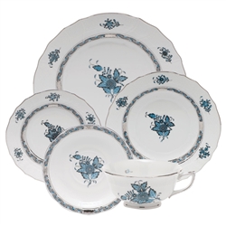 Herend Chinese Bouquet Turquoise and Platinum Five Piece Place Setting
