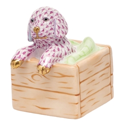 Herend Puppy in Crate Raspberry Fishnet
