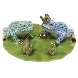 Herend Frogs On Lily Pad Green & Blue Fishnet