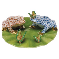 Herend Frogs On Lily Pad Rust & Blue Fishnet