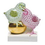 Herend Pair of Chicks on Golden Egg Lime and Pink Fishnet