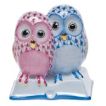 Herend Pair of Owls on Book Pink & Blue Fishnet