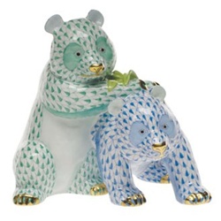 Herend Panda Pair Green and Blue Fishnet Kingdom Classic